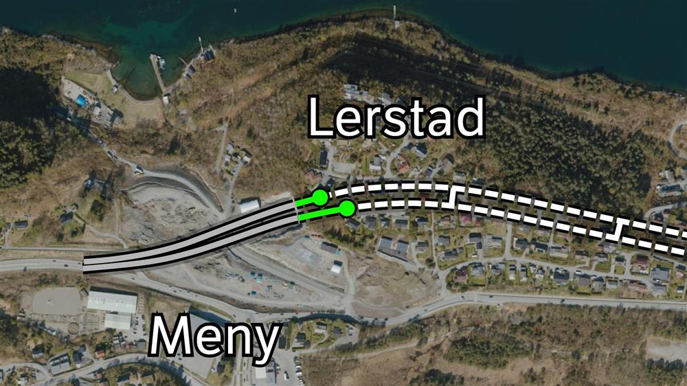 Et kart som vise kor langt sprengingsarbeidet på Lerstad har kome.  - Klikk for stort bilete